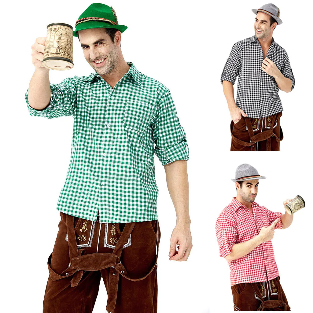 

Men's autumn long-sleeved shirt loose casual daily lapel solid color plaid Oktoberfest long-sleeved shirt top 40*