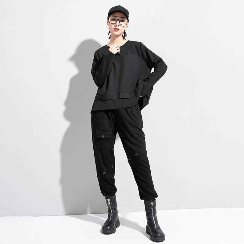 

CHICEVER Casual Patchwork T Shirt For Women O Neck Long Sleeve Hit Color Loose Drawstring Hem T Shirts Female Fashion New Autumn