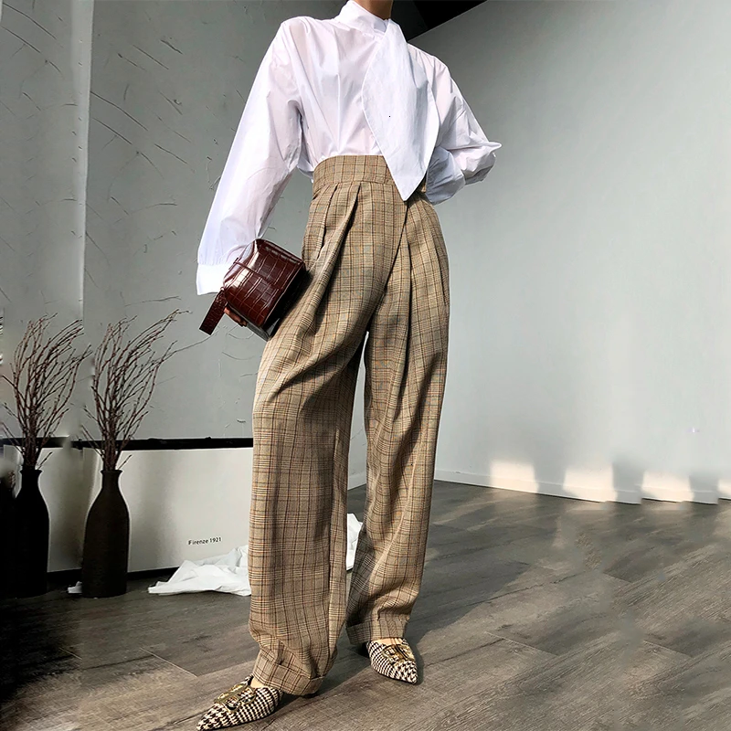 Женские клетчатые брюки TWOTWINSTYLE осенние шаровары с высокой талией длиной до