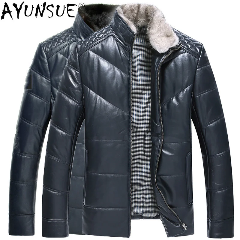 Куртка мужская из натуральной кожи пуховик с воротником меха норки и овчины