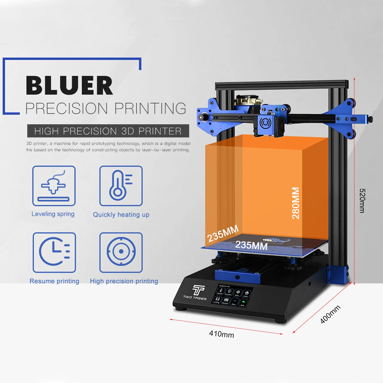 3D принтер TWO TREES BLUER бесшумная печать 235*235*280 мм с 3 5 дюймовым сенсорным экраном