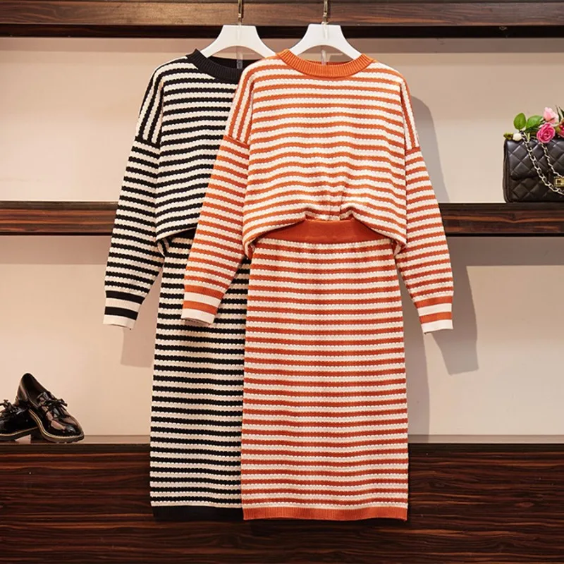 Подиумный вязаный свитер черный полосатый комплект из 2 предметов осенний