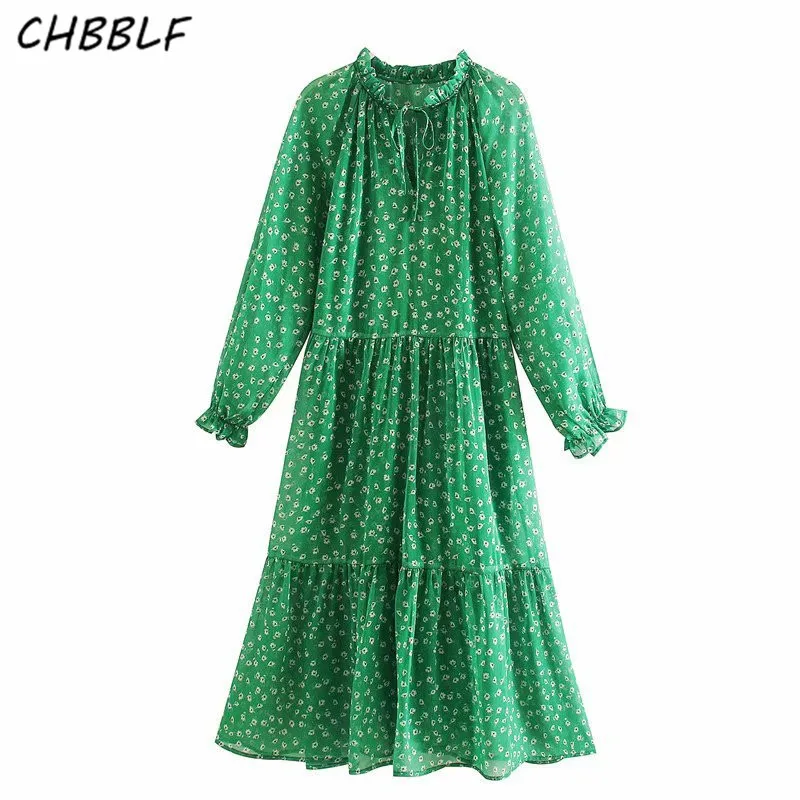 

CHBBLF women vintage print midi dress ruffled collar long sleeve chiffion female casual chic mid calf dresses vestidos XDN9436
