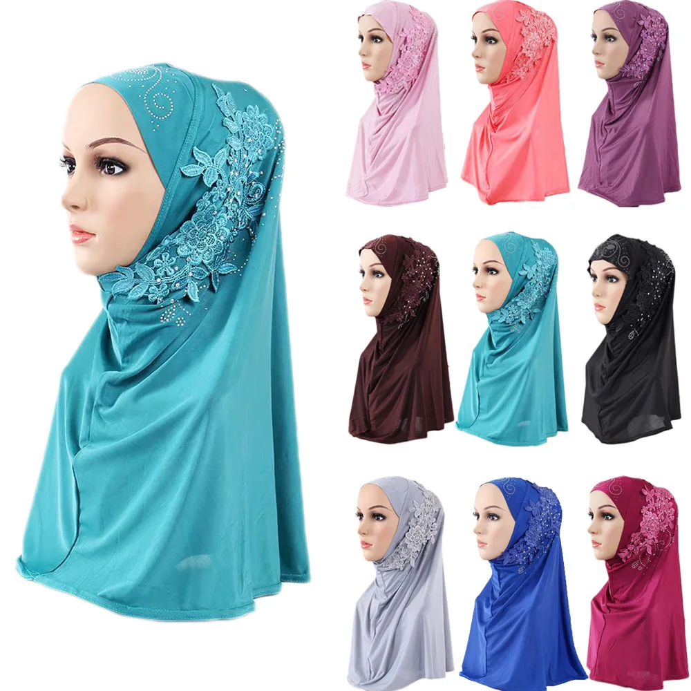 

Muslim Women Flower Hot Drill Hijab Scarf Islamic Amira Headwear Shawls Headwrap Turban Arab Hearscarf Full Cover Hijab Hats