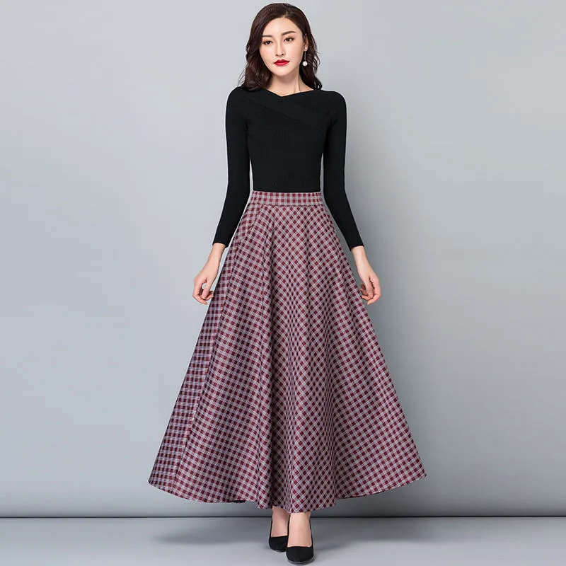 Женская длинная юбка винтажная офисная в клетку с высокой талией осень-весна