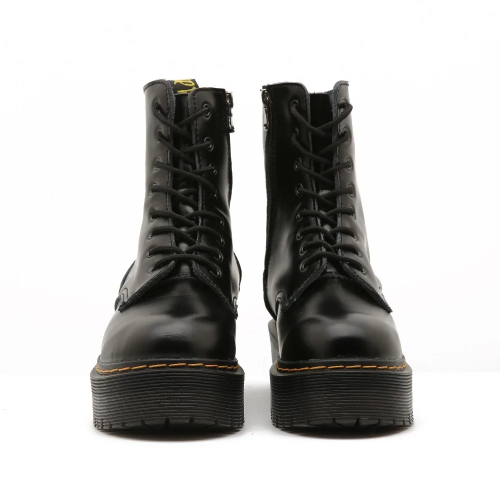 CEVABULE Women Martin Boots Genunie Leather Thick Heel Platfrom Martin Boots Boots Women Side Zipper Boots Leather Boots