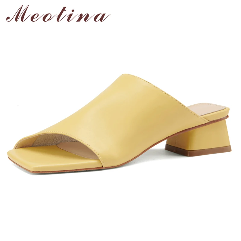 

Meotina Slippers Shoes Women Natural Genuine Leather Sandals Med Heel Sandals Square Toe Chunky Heel Lady Footwear Summer Yellow