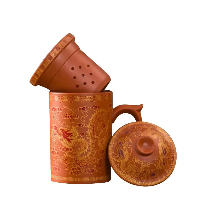 Retro Yixing Dragon Phenix Purple Clay Tea Mug with Lid and Infuser Handmade Ceramic Teacup Office Water Cup Gift Home Drinkware | Дом и сад