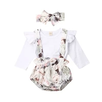 infant baby girl clothes long sleeve round neck solid color tops romperflower print bib shorts outfit 3 pcs set spring autumn