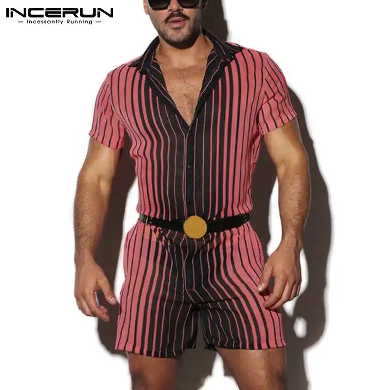 

Men Striped Rompers Lapel Short Sleeve Breathable Casual Overalls 2021 Streetwear Button Fashion Shorts Men Jumpsuit 5XL INCERUN