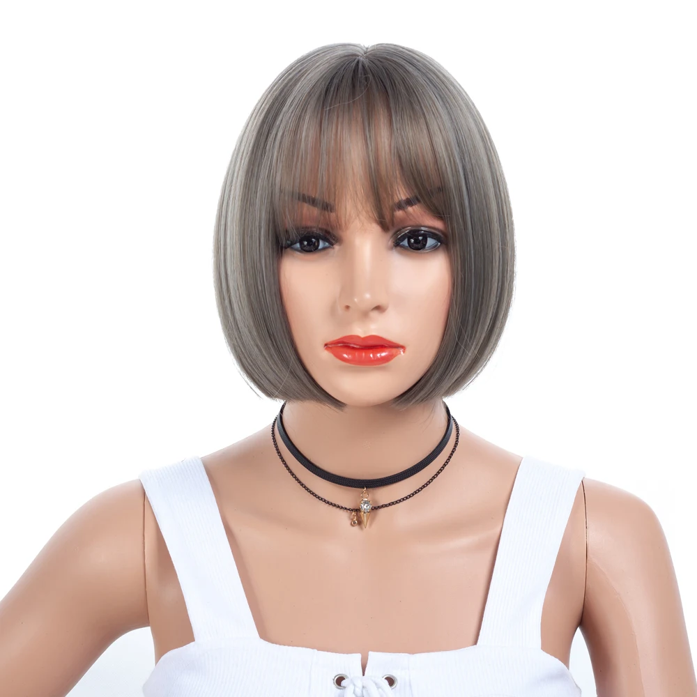 

Synthetic Short Straight Black Cute Bob Wigs with Bangs for White/Black Women Cosplay Party or Daily Wear
