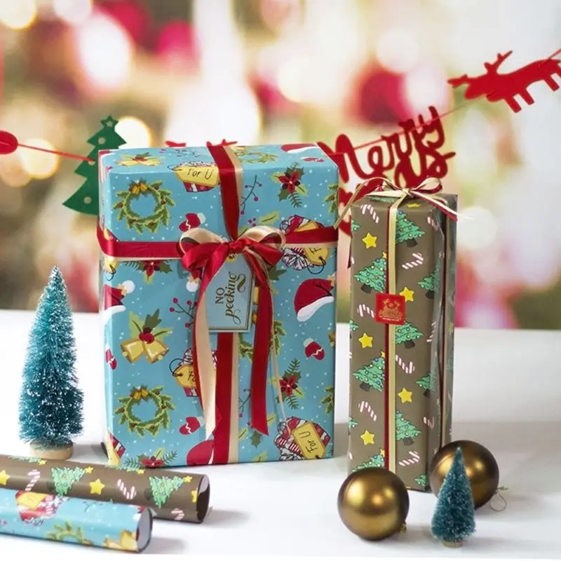 

6pcs Christmas Wrapping Paper Gift Present Bag Packing Snowflakes Santa Snowman Wrap Decor Art Kraft