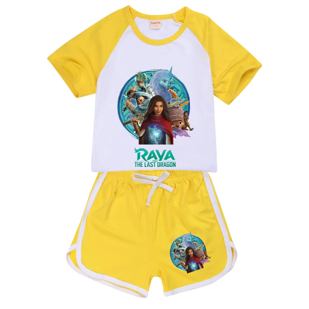 

Kids Clothes Girls Raya and The Last Dragon Sportswear Summer T-shirt Tops + Pants Cotton Short Sleeve Outfits Children Clothing