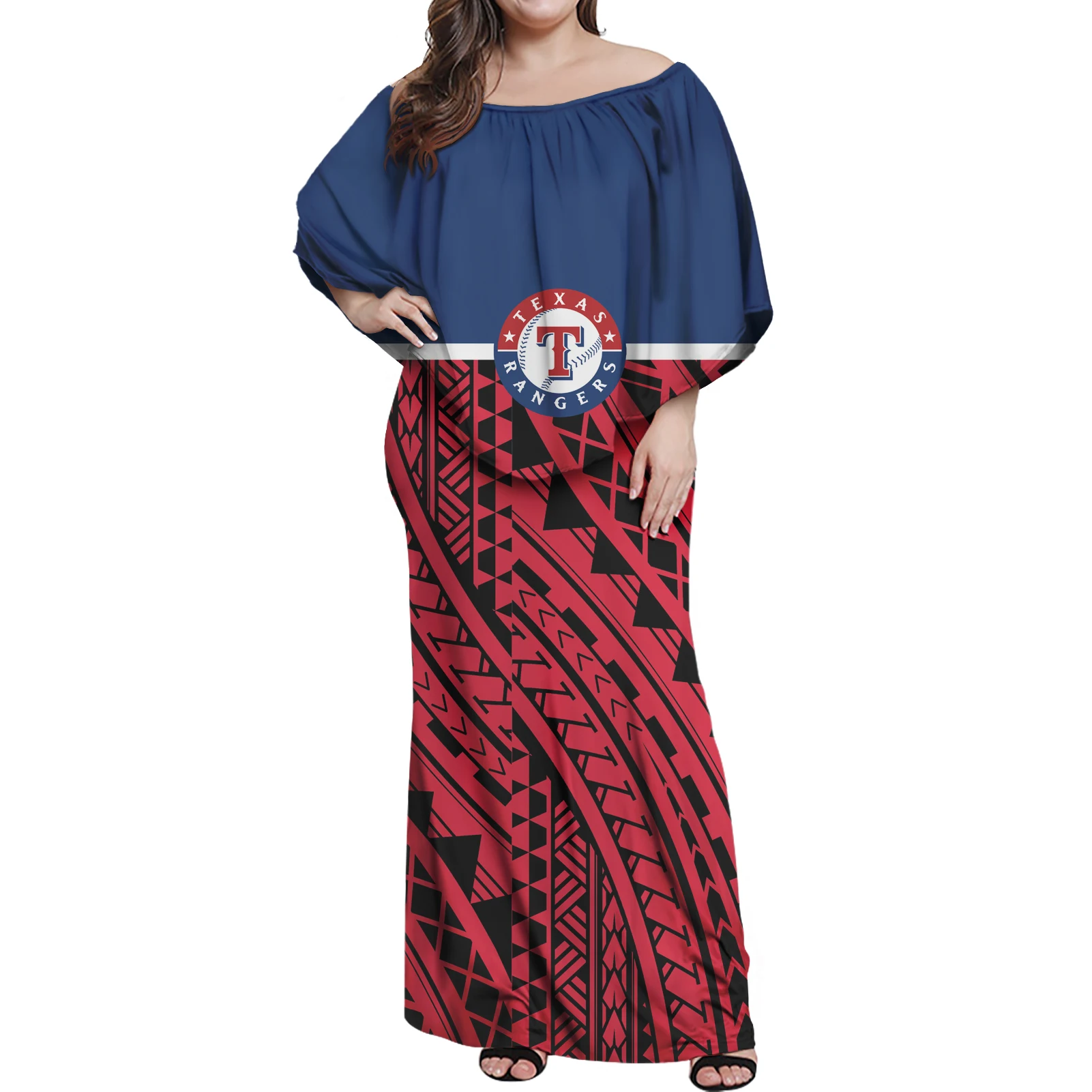 

Polynesian Tribal Design Ethnic Style Women Ruffle Off-the-Shoulder Long Dress Elegant Female Casual Dress Quality Red Dress