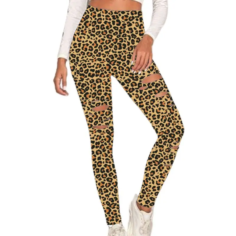 

Womens High Waist Tummy Control Leopard Print Butt Lifting Workout Leggings Cutout Ripped Hole Running Skinny Tights