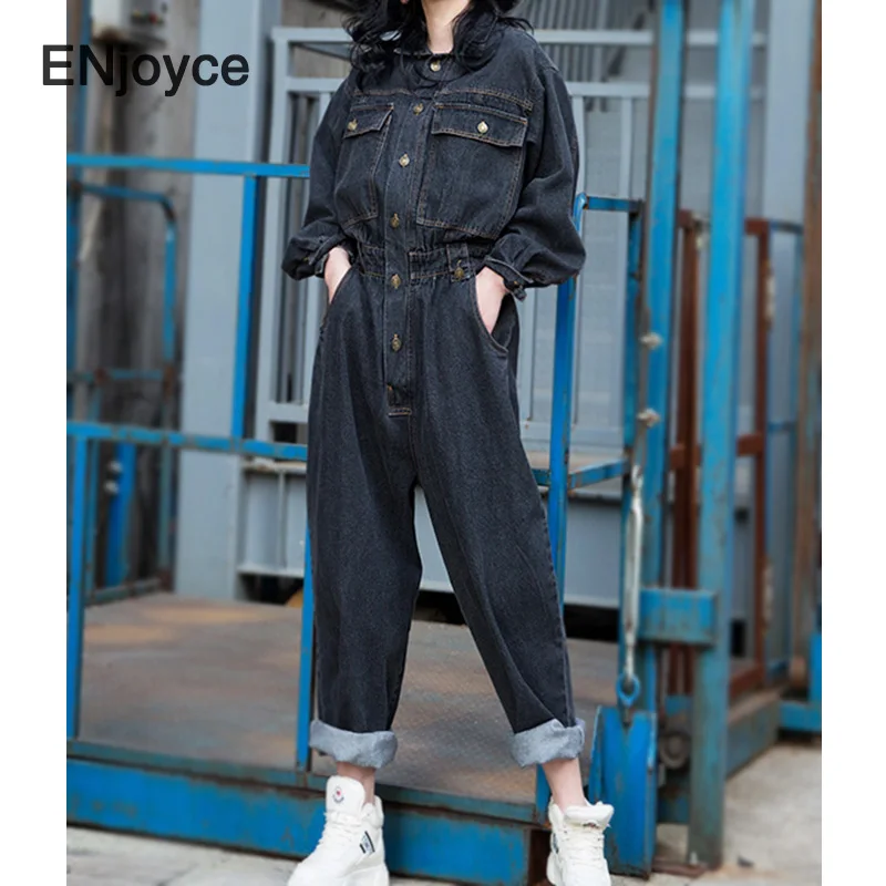 Women Denim Jumpsuits Oversized Fashion Loose Wide Leg Cargo Pants Pockets Ladies Vintage Black Playsuit Jump Suits Fall Winter