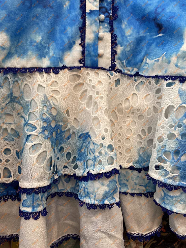 

Retro applique single breasted hollow puff sleeve loose dress ladies summer new multi-level puff skirt