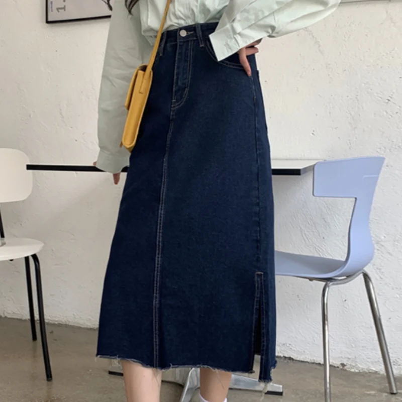

KUSAHIKI 2021 Summer Demin Woman Skirts Causal Korean High Waisted Jeans Skirt New Fashion Love Heart Pockets Mujer Faldas 6J556