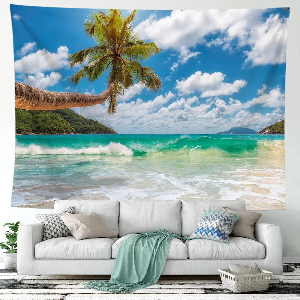

Морской тропический гобелен с пальмами, красивый морской пейзаж, настенные гобелены, настенный ковер для спальни, покрывало на диван