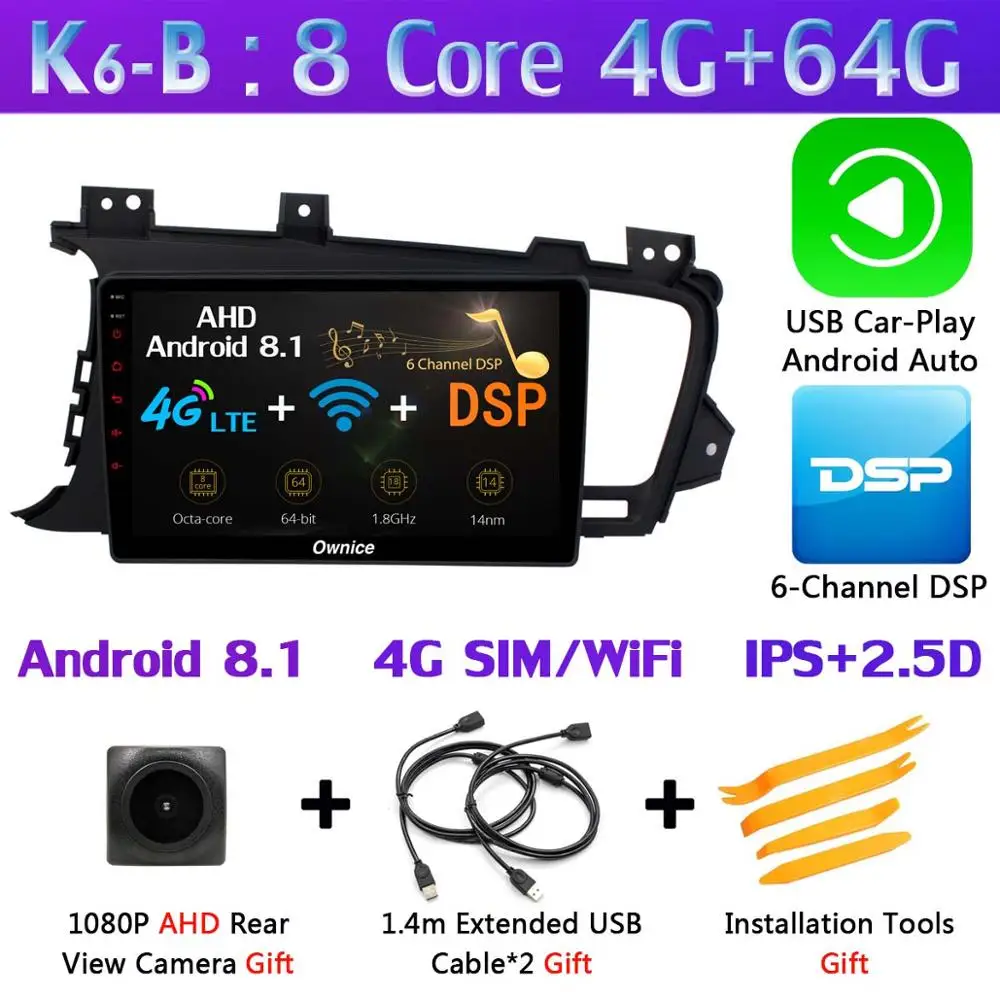 Панорамная камера 360 ° 4G LTE Android 9,0 4G+ 64G DSP CarPlay Автомобильный gps радио плеер для Kia K5 Optima 3 2011 2012 2013 - Цвет: K6-B-CarPlay