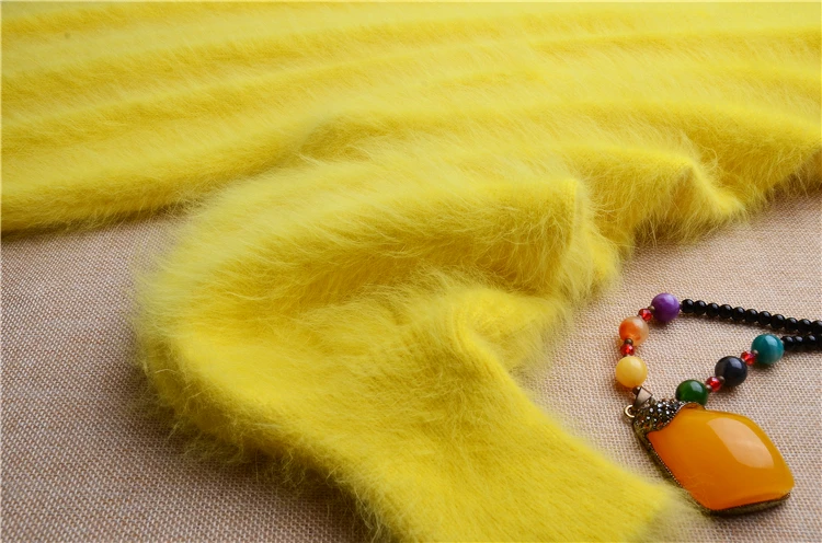 

ladies women fashion yellow hairy mink cashmere o-neck knitted loose long lantern sleeves slim pullover angora fur jumper sweate