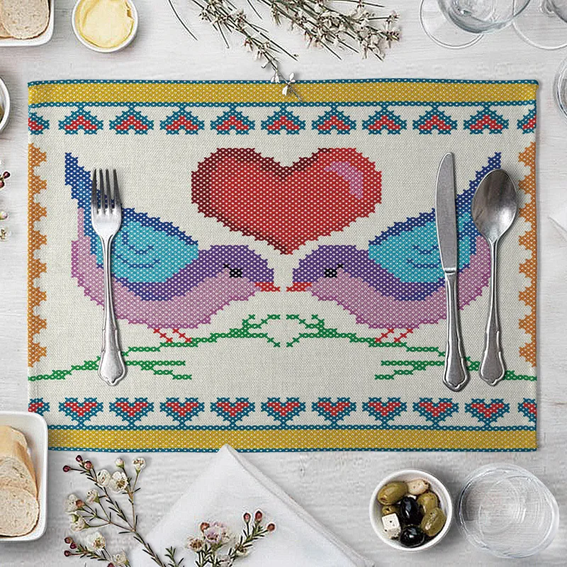 Льняная подстилка с геометрическим рисунком тропических растений цветов птиц