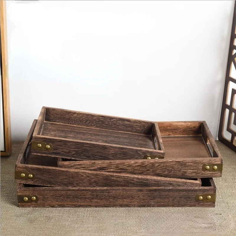 

Style Wooden Tray, Retro Solid Wood Tea Tray, Creative Charcoal Burnt Paulownia Hotel Tray, Fruit Bread Pizza Tray