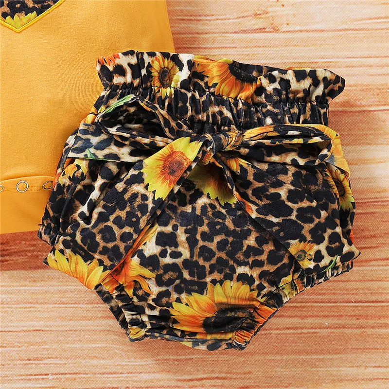 

2020 New Style 0-18M Kids Baby Girls Boys Clothes Sets 3pcs Sunflowers Leopard Print Short Sleeve Romper Tops Shorts Headband