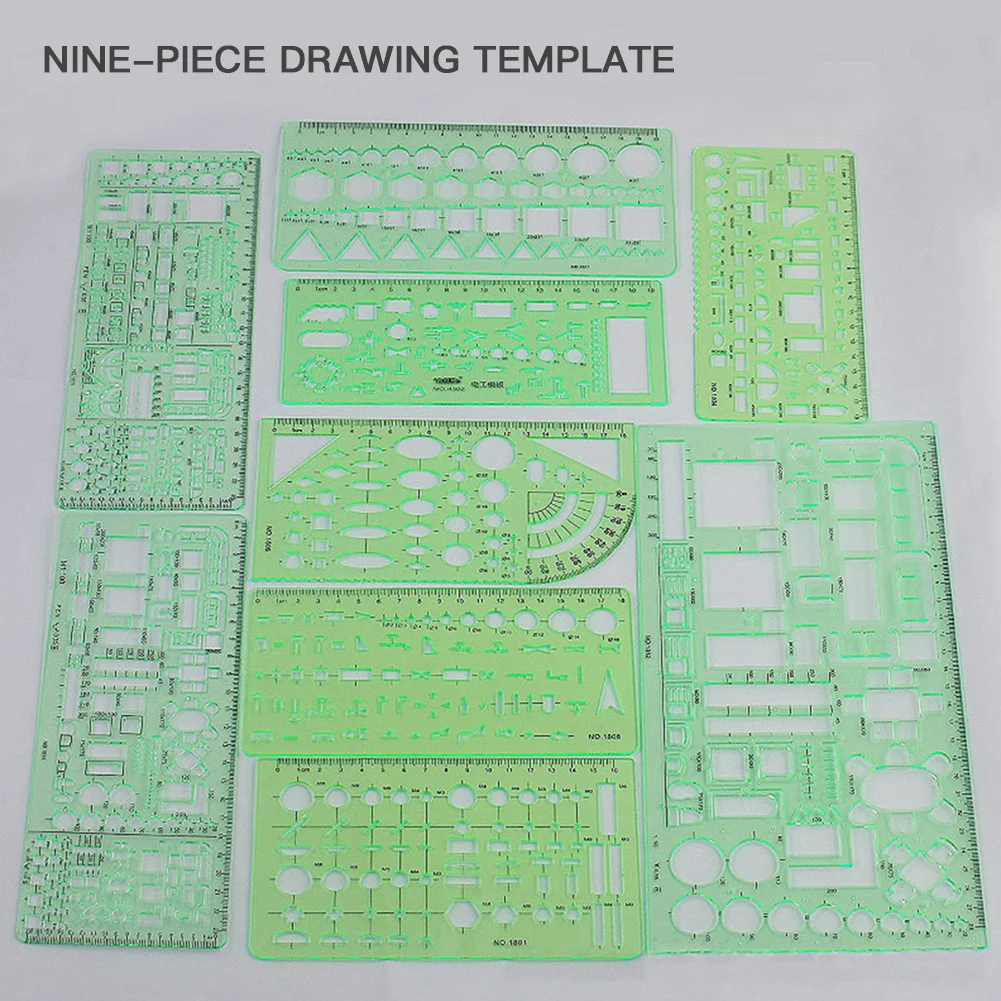 

9pcs Rulers Drawings cute stationery drawing suppliesTemplates Measuring Clear Green School Office Supplies