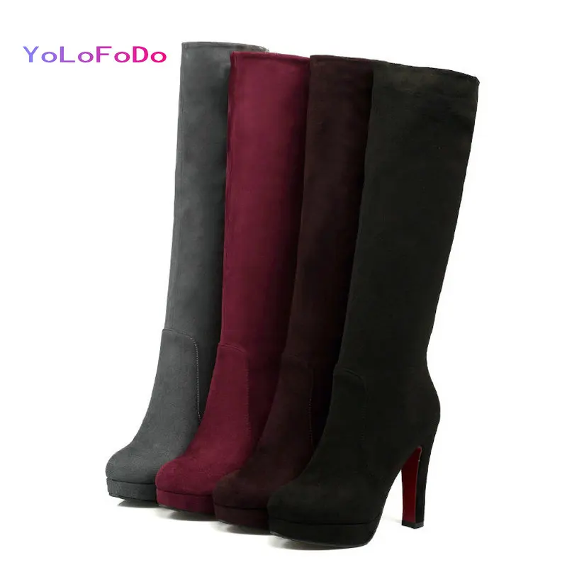 

2021 Autumn Winter Women Knee High Boots Platform Square High Heel Ladies Calf Boots Faux Suede Round Toe Woman's Shoes