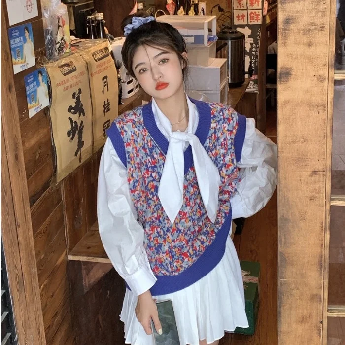 Fall 2021new Design Sense Fashion Suit Women's Lace-up Loose Shirt Knitted Two-piece Vest Set Rac |