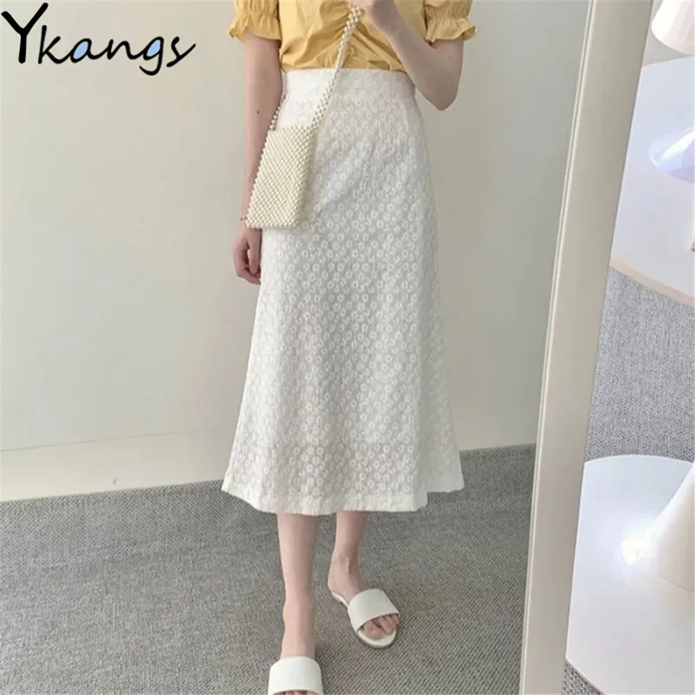 

Элегантные женские юбки с завышенной талией, белые универсальные юбки для девушек, крючок для вышивания, с цветами, винтажная длинная юбка