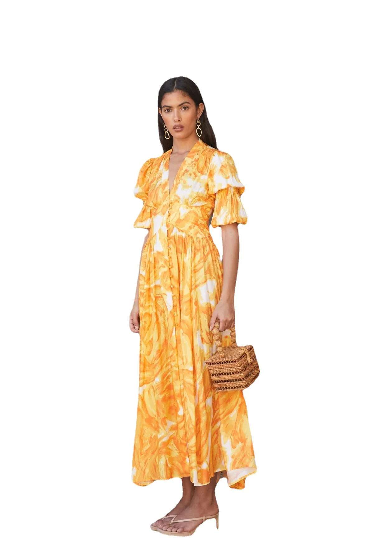 

2021 New Style Trends Summer Lady Casual V-neck Print Long Dress Women Yellow Beautiful Expansion Skirt