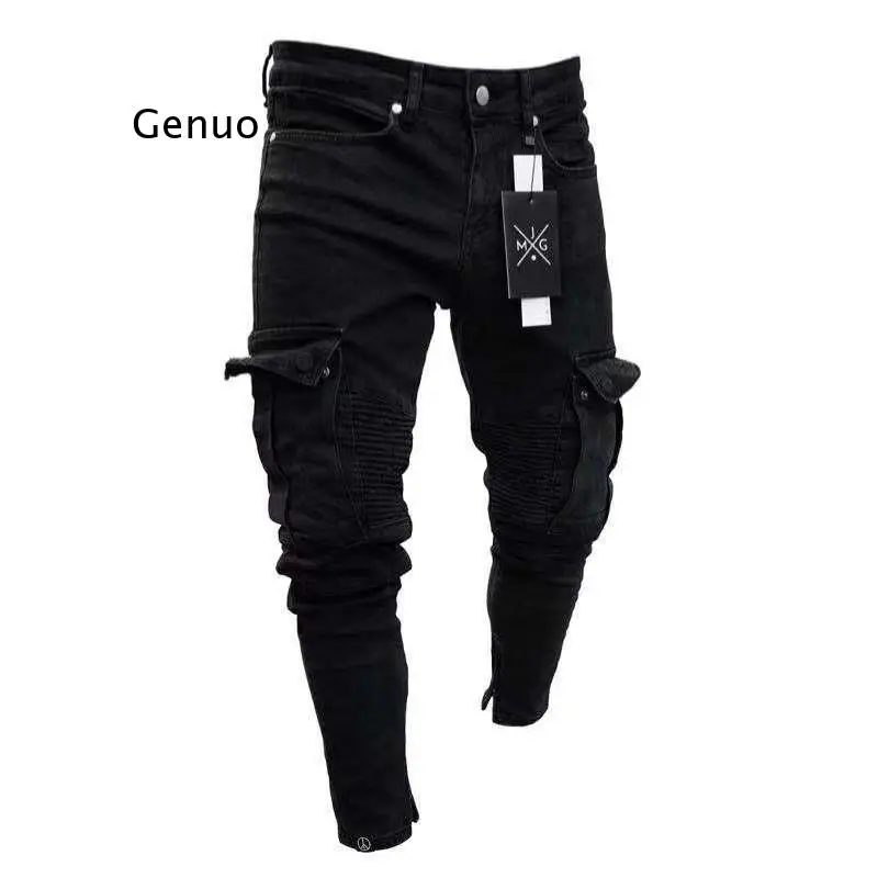 Men Biker Ripped Long Denim Trousers Skinny Jeans Pants Destroyed Stretchy-Black Pants