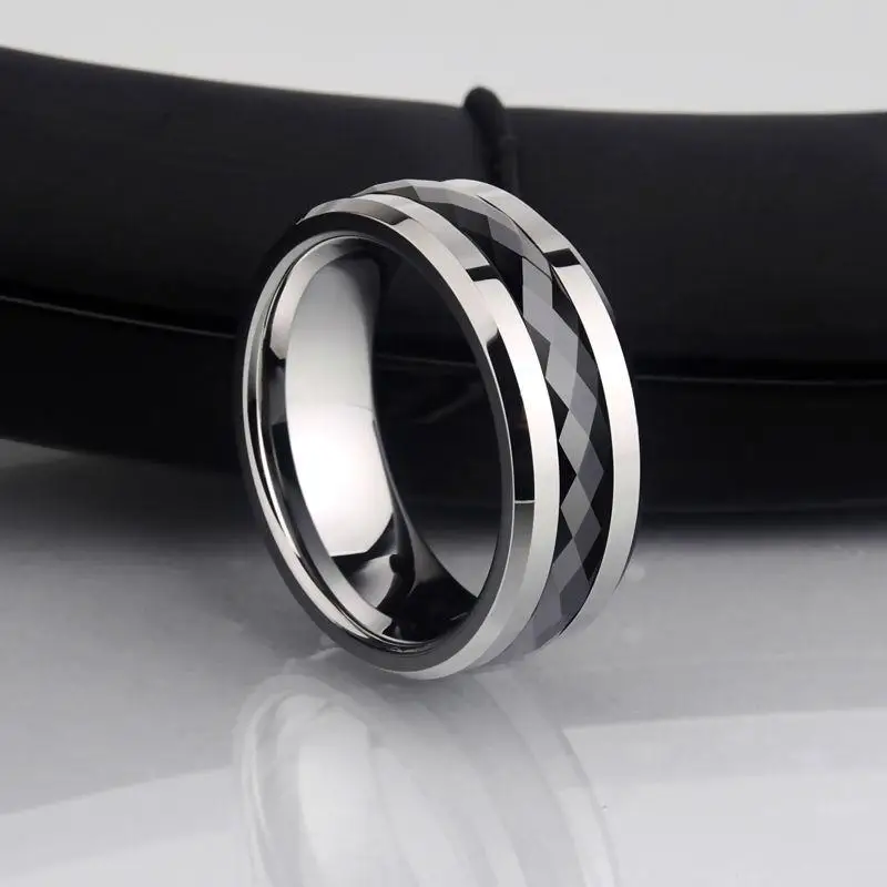 

Ring for Men, 8mm Width Tungsten Carbide Inlay Black Multifaceted Ceramic Ring for Wedding, Free Shipping, Customized