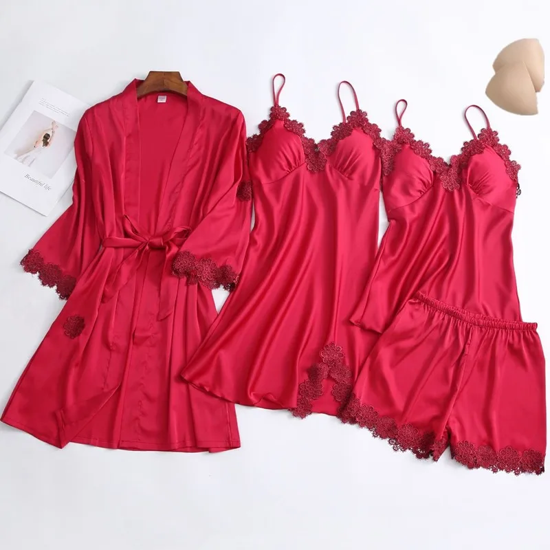 Новинка весна Атласный Женский пижамный комплект из 4 предметов ночная рубашка