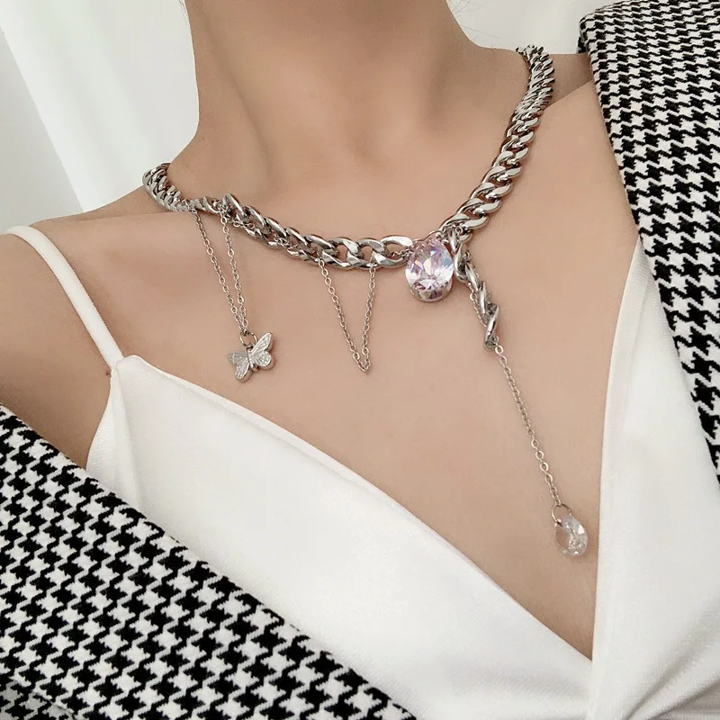 

LOVOACC Exaggeration Chunky Chain Purple Color Crystal Necklaces for Women Metallic Butterfly Tassel Chokers Necklace Jewelry