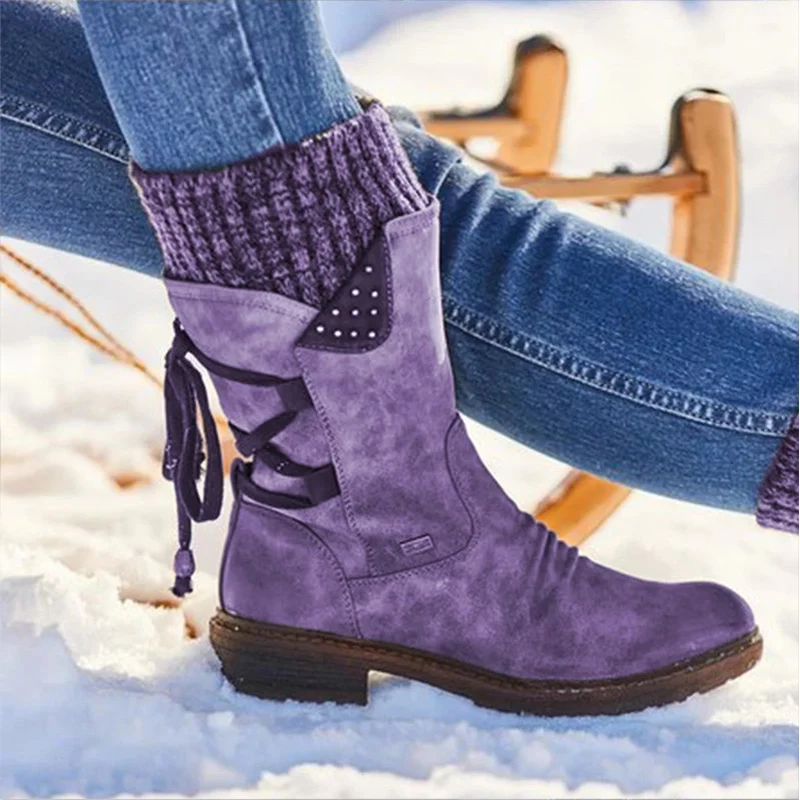Winter Boots Women Basic Women Mid-Calf Boots Round Toe Zip Platform Decor Female Shoes Warm Lace Up Boots Shoes
