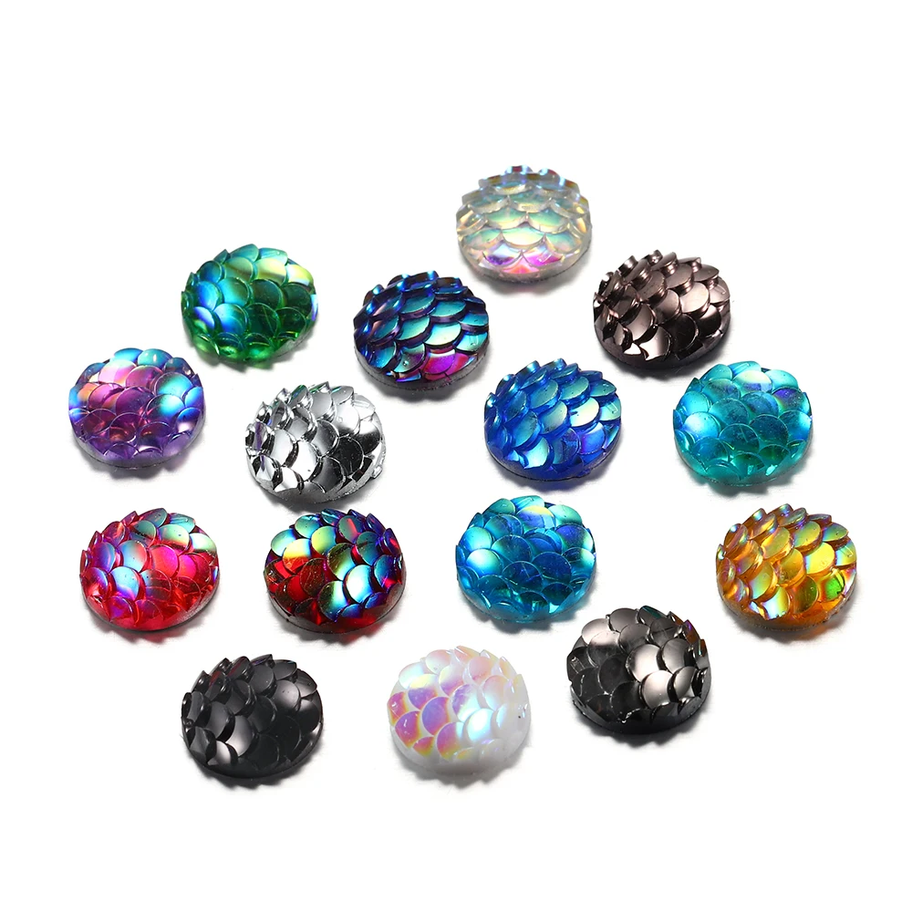 

50Pcs/Lot 10mm Mixed Colors Fish Scale Shape Flat Back Resin Cabochons For DIY Jewelry Making Accessories Pendant Craft Supplies