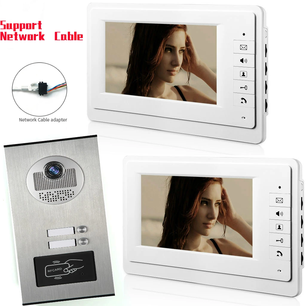 

7'' Video Intercom RFID Card Camera Video Doorbell with 2 Monitors Video Door Phone 500 user for Network cable connection