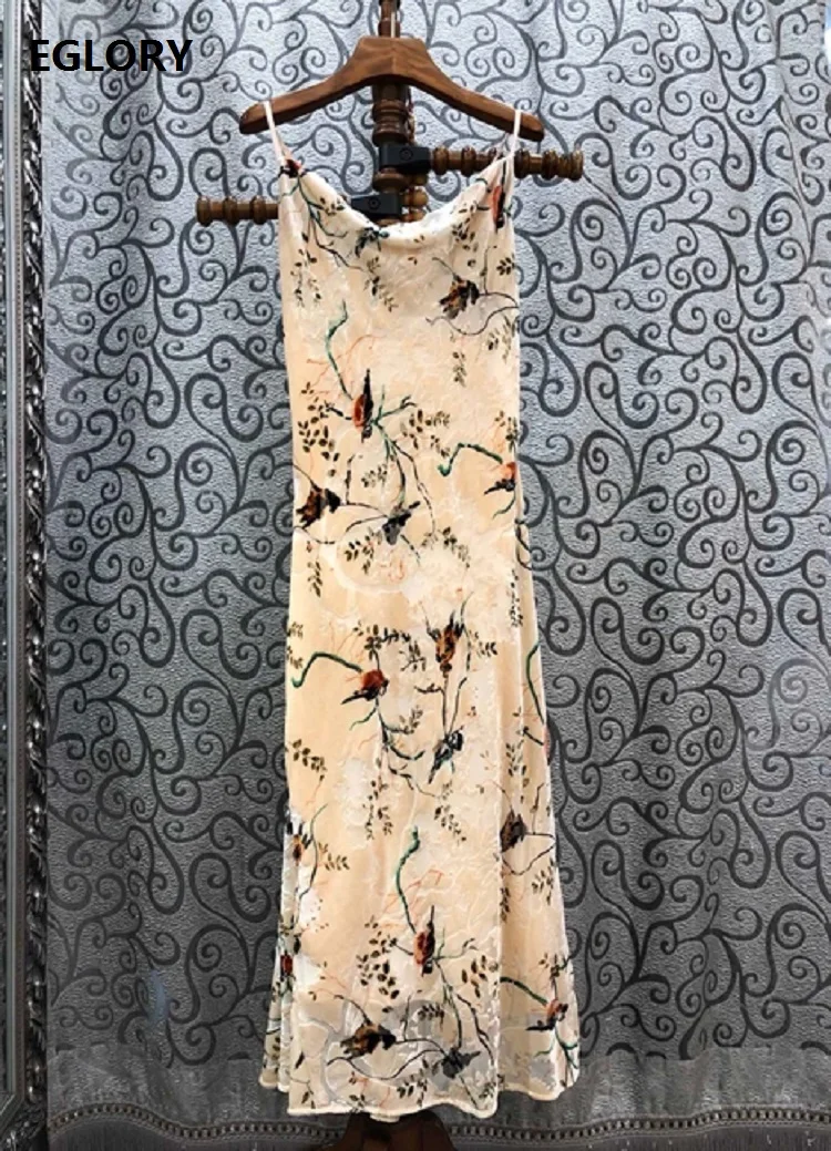 

Top Quality New 2020 Summer Long Dress Women Spaghetti Strap Cute Birds Flower Print Sleeveless White Yellow Sexy Dress Casual