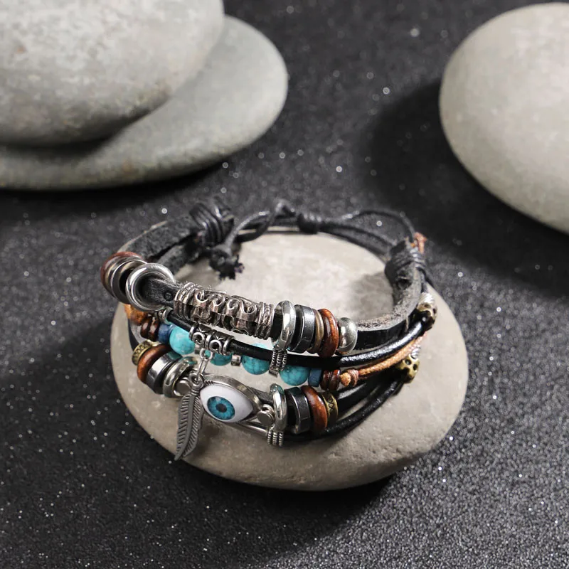 Многослойный кожаный браслет для мужчин и женщин винтажное ювелирное изделие с