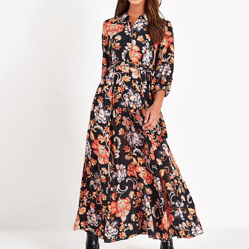 

Spring and Autumn Casual Wind Long Dress Print Turn-down Collar Size S-xl Party Dress Black Color Loose Large Swing Dress