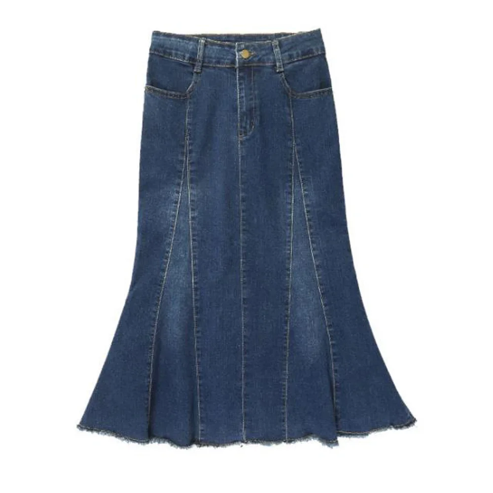 

Джинсовая юбка 2022, винтажная длинная юбка-годе с завышенной талией, однотонная облегающая эластичная джинсовая юбка средней длины