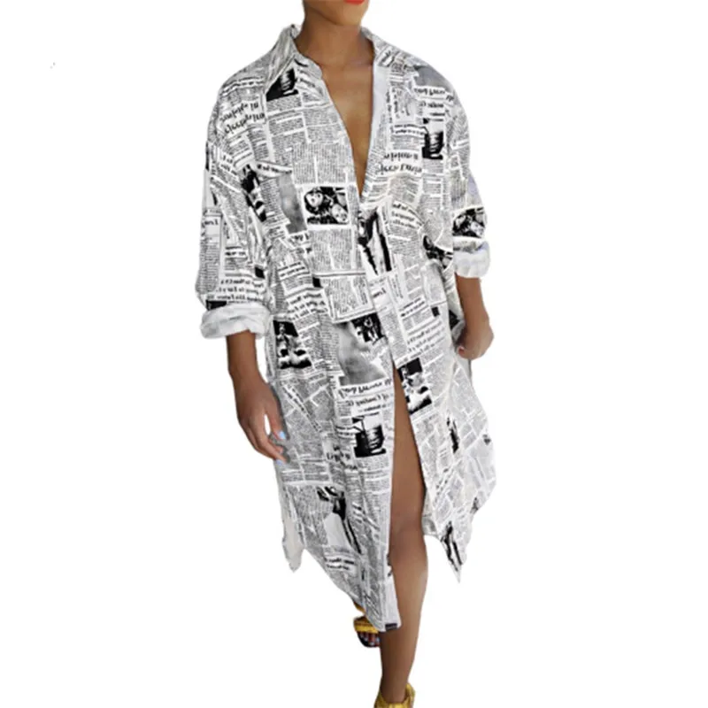 

New Arrival Autumn Newspaper Print Shirt Dress 2020 Women Front Open Long Sleeve Turndown Collar Loose Dresses Plus Size Ddlg