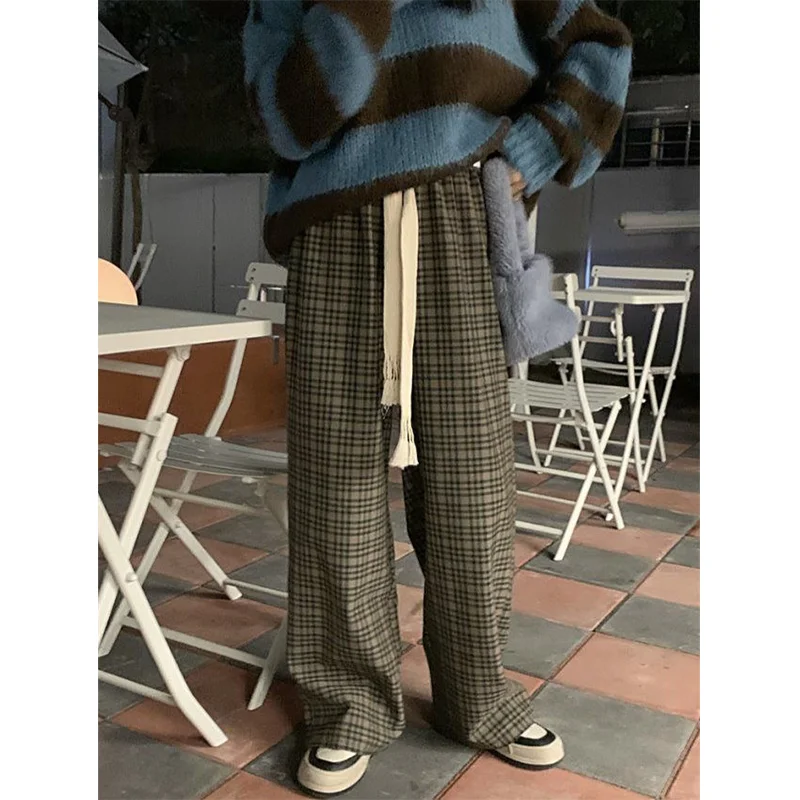 

Harajuku Plaid Pants Women's Oversized High Waist Wide Leg Pants Female Casual Big Drawstring Trousers Y2K Брюки В Клетку