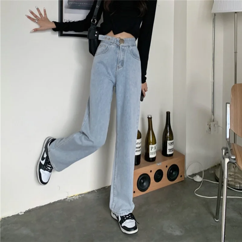 High Waisted Wide Leg Jean for Women Blue Denim Pant Loose Vintage Casual Long Female Trousers Jeans