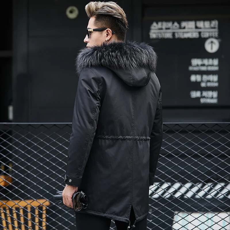 Мужская парка с воротником из натурального меха енота Повседневная теплая норки