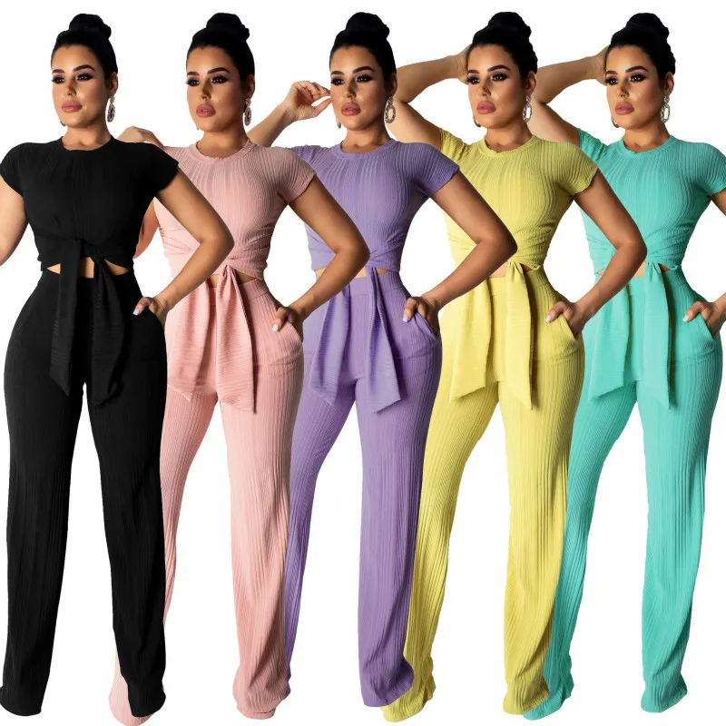 

Summer Women's Suit Sexy Two Piece Set Short Sleeve Solid Long Pants With Bow Fashion Suit outfits two piece suit sets 2020
