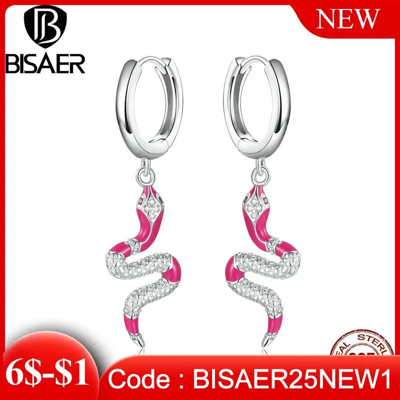 

BISAER Ear Buckles 925 Sterling Silver Delicate Rose Red Delicate Snake Earrings Zircon for Women Wedding Fine Jewelry EFE577